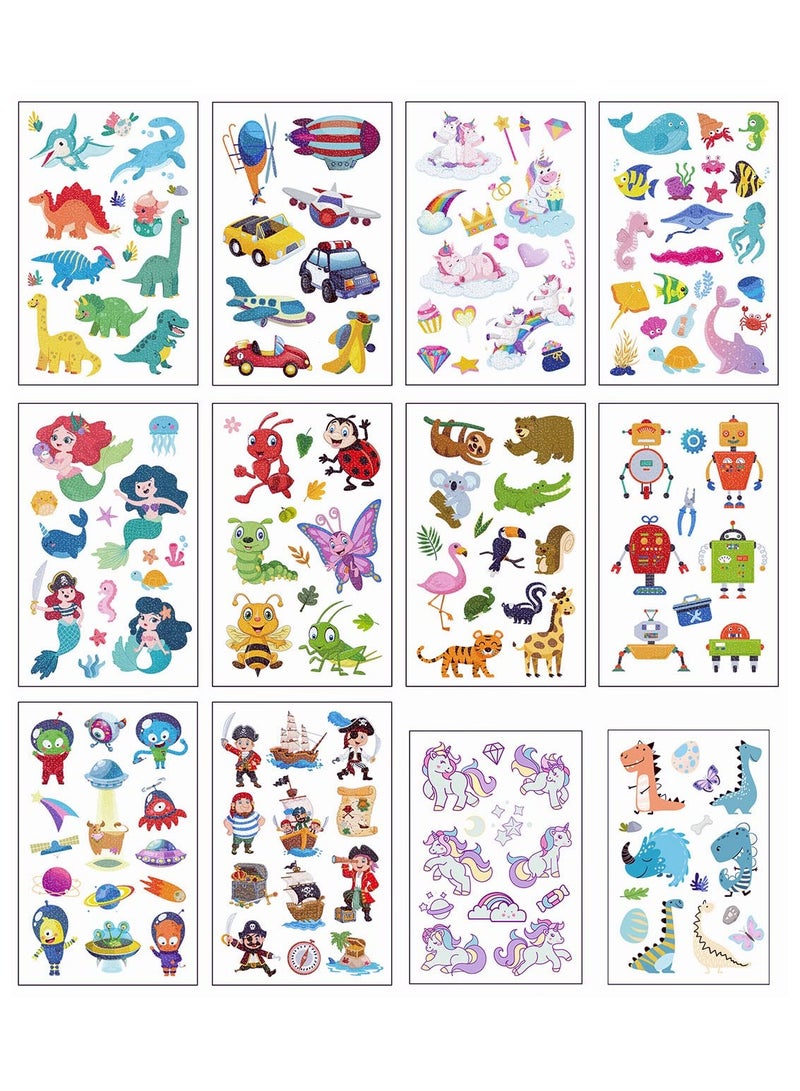 ORAINBOW Temporary Tattoos for Kids 10 sheets Glitter + 2 sheets Luminous Birthday Gift Kids Party Favors Mermaid Butterfly Animal Dinosaur Pirate Space Fake - Image 1
