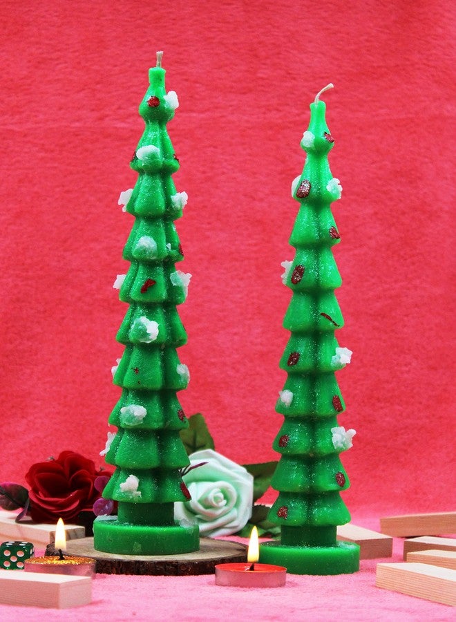 LUCES Home Made Christmas Tree Pillar Candles for X-mas Occasion New Year Party Birthday Gift Decoration Green Color Pack of 2 - Image 1
