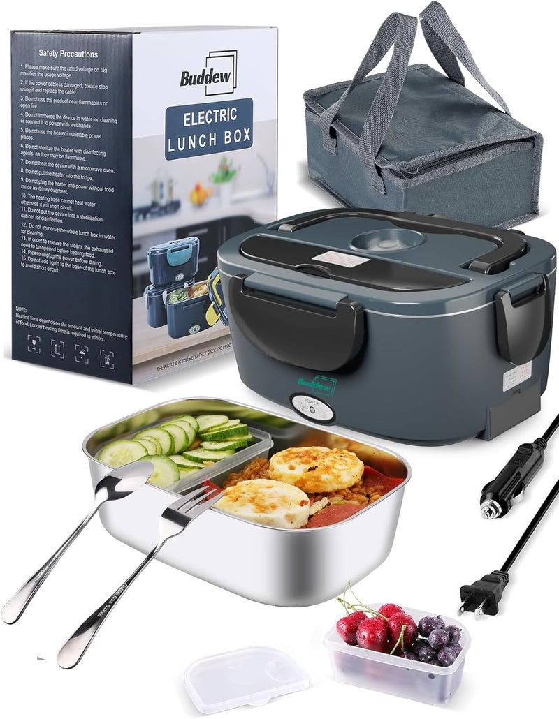 Buddew Electric Heated Lunch Box for Adults - 80W Fast Heating, 1.5L Food-Grade Stainless Steel, 12V/24V/110V Portable Food Warmer for Work Travel Car, Lonchera Electrica Portatil - Image 1