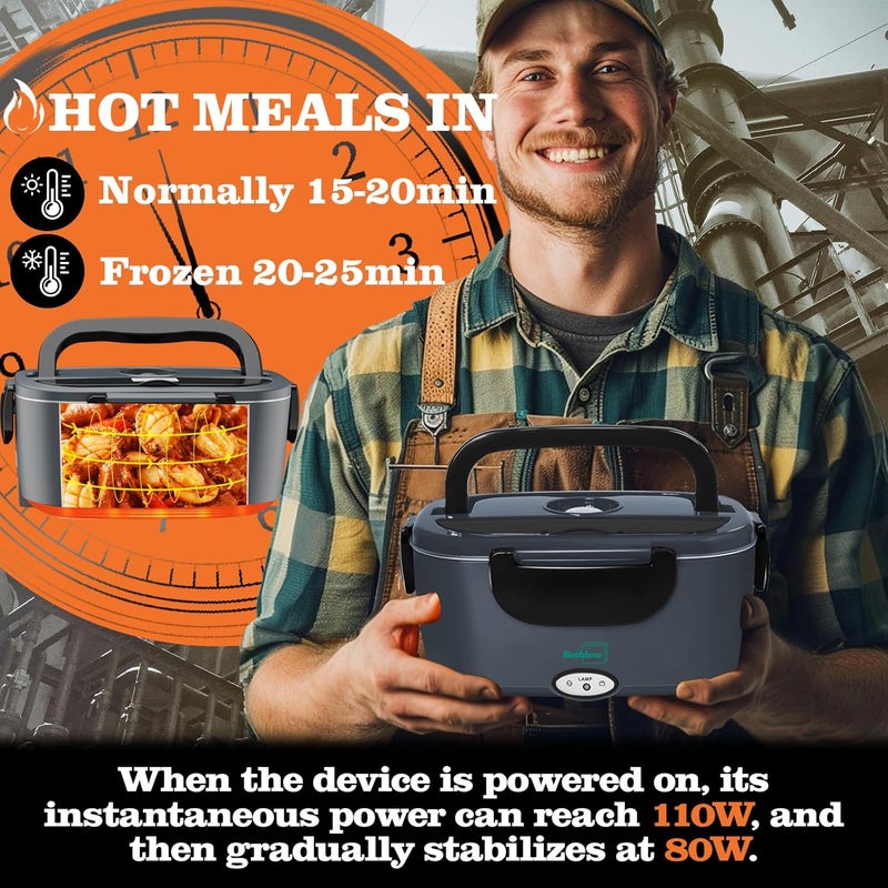 Buddew Electric Heated Lunch Box for Adults - 80W Fast Heating, 1.5L Food-Grade Stainless Steel, 12V/24V/110V Portable Food Warmer for Work Travel Car, Lonchera Electrica Portatil - Image 2