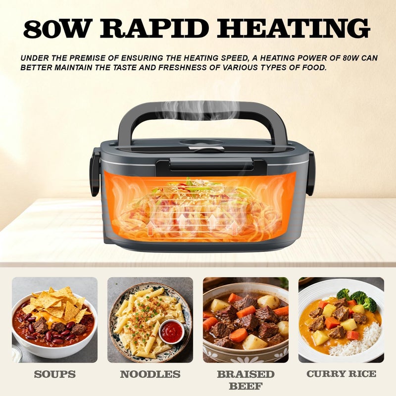 Buddew Electric Heated Lunch Box for Adults - 80W Fast Heating, 1.5L Food-Grade Stainless Steel, 12V/24V/110V Portable Food Warmer for Work Travel Car, Lonchera Electrica Portatil - Image 5