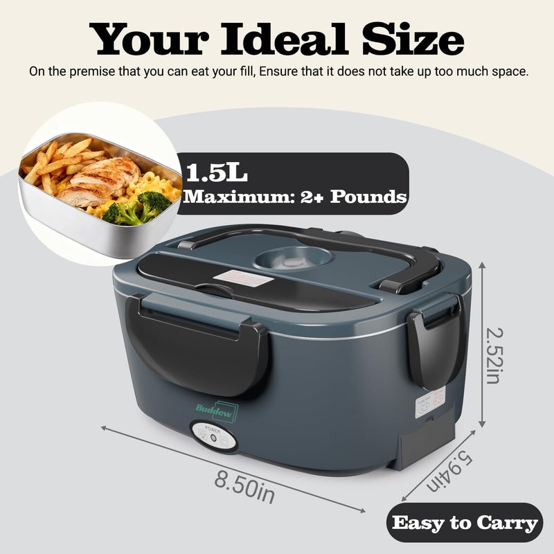 Buddew Electric Heated Lunch Box for Adults - 80W Fast Heating, 1.5L Food-Grade Stainless Steel, 12V/24V/110V Portable Food Warmer for Work Travel Car, Lonchera Electrica Portatil - Image 3