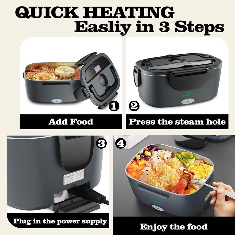 Buddew Electric Heated Lunch Box for Adults - 80W Fast Heating, 1.5L Food-Grade Stainless Steel, 12V/24V/110V Portable Food Warmer for Work Travel Car, Lonchera Electrica Portatil - Image 4