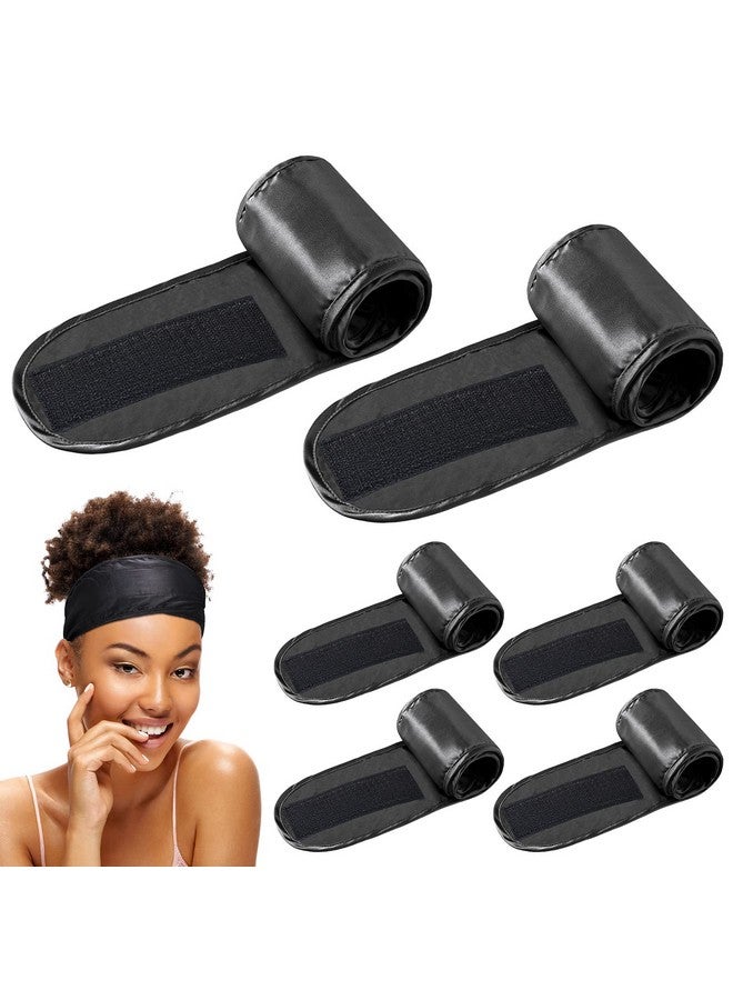 Hercicy 6 Packs Satin Spa Headband Silk Headband Adjustable Spa Hair Wrap Facial Headband Terry Cloth For Women Sleep Makeup Spa (Black) - Image 1
