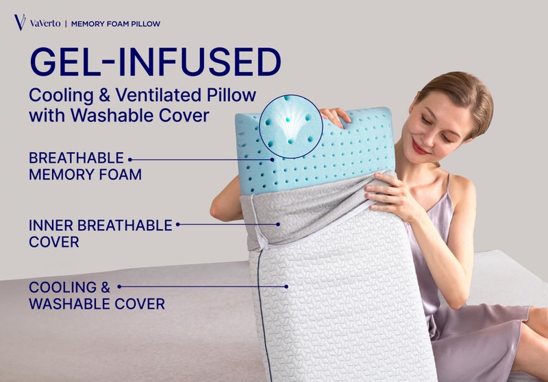 Vaverto Queen Memory Foam Pillow â€“ Cooling Gel-Infused Firm Support for Neck and Shoulder Pain Relief, Orthopedic Design with Removable Viscose Made from Bamboo Cover â€“ Premium Queen Size Bed Pillow - Image 2