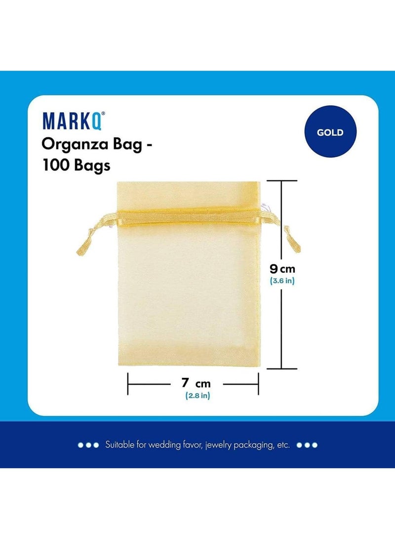 MARKQ 100 Pieces Organza Bags with Drawstrings | 7 X 9 cm Organza Bags for Jewelry Pouches, Candies and Wedding Party | Eid Christmas Bags for Gifts | Organza Gift Bags | Goody Bags (Gold) - Image 2