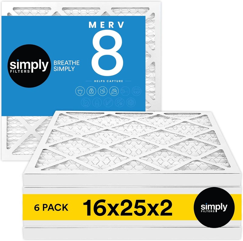 SIMPLY 16x25x2 Air Filter, MERV 8, 6 Pack, Furnace Air Filter for HVAC (Actual Size:15.5"x24.5"x1.75") DUST, Pet, & Allergy Control - Image 1