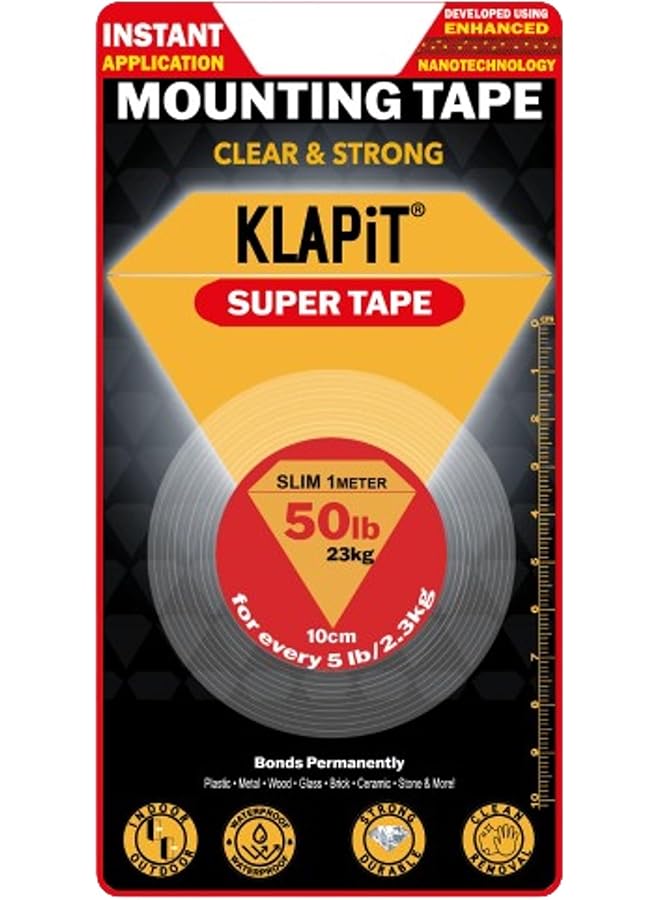 KLAPiT KLAPiT SUPER TAPE Waterproof Clear Nano Tape Holds 23kg 50 lbs Double Sided Heavy Duty Anti Slip Multipurpose Mounting – Home Decor, Kitchen, Bathroom Organizer, Carpet Tape multi surface – Slim 1M  - Image 1