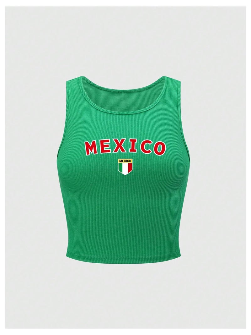 WDIRARA Women's Graphic Print Crop Tank Tops Crew Neck Sleeveless Slim Fit Fashion Top Green Medium - Image 3