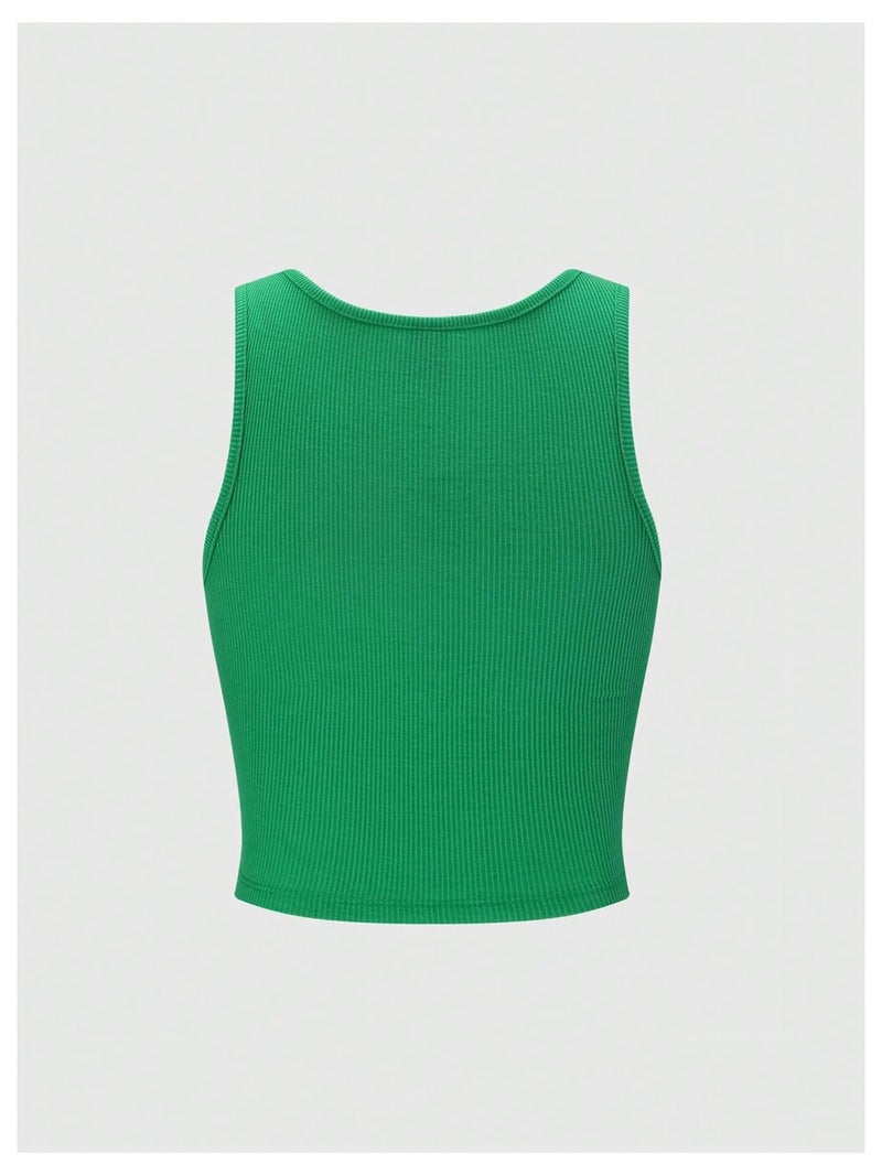 WDIRARA Women's Graphic Print Crop Tank Tops Crew Neck Sleeveless Slim Fit Fashion Top Green Medium - Image 2