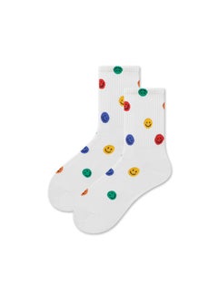 1 Pair Crew Socks Cute Smiling Face Socks  Casual Soft Cotton Socks Cartoon Smiley Face Ankle Socks White