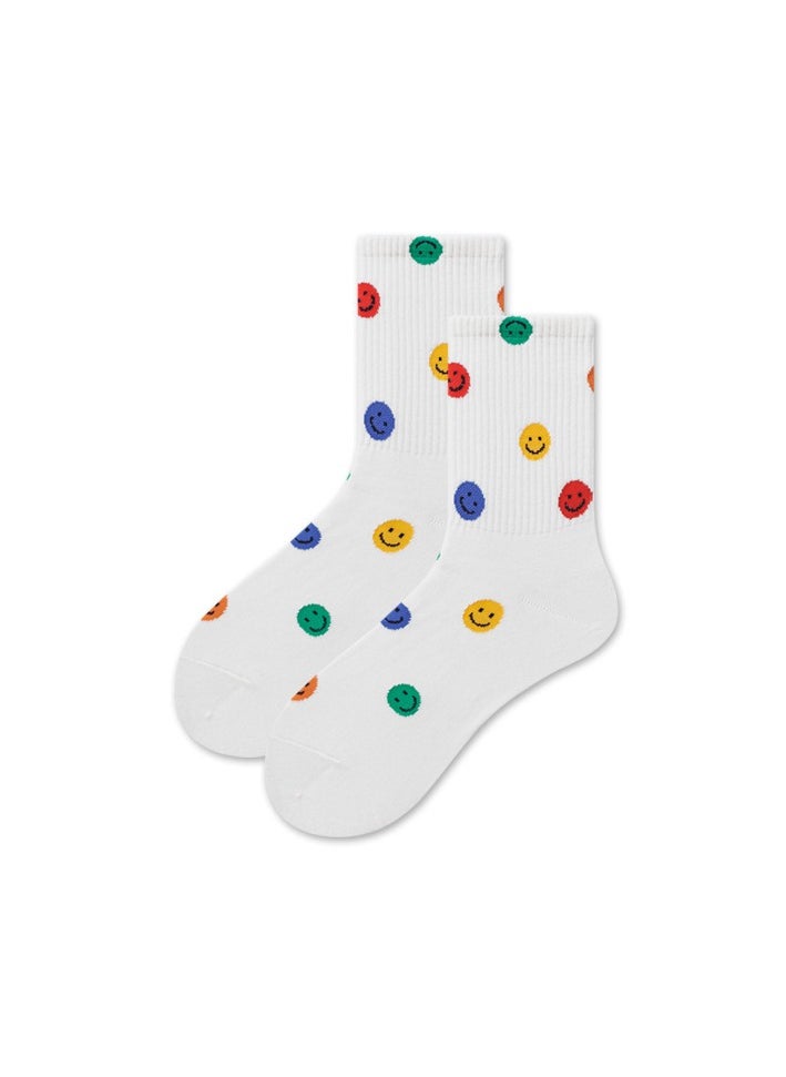 Generic - 1 Pair Crew Socks Cute Smiling Face Socks  Casual Soft Cotton Socks Cartoon Smiley Face Ankle Socks White - Image 1