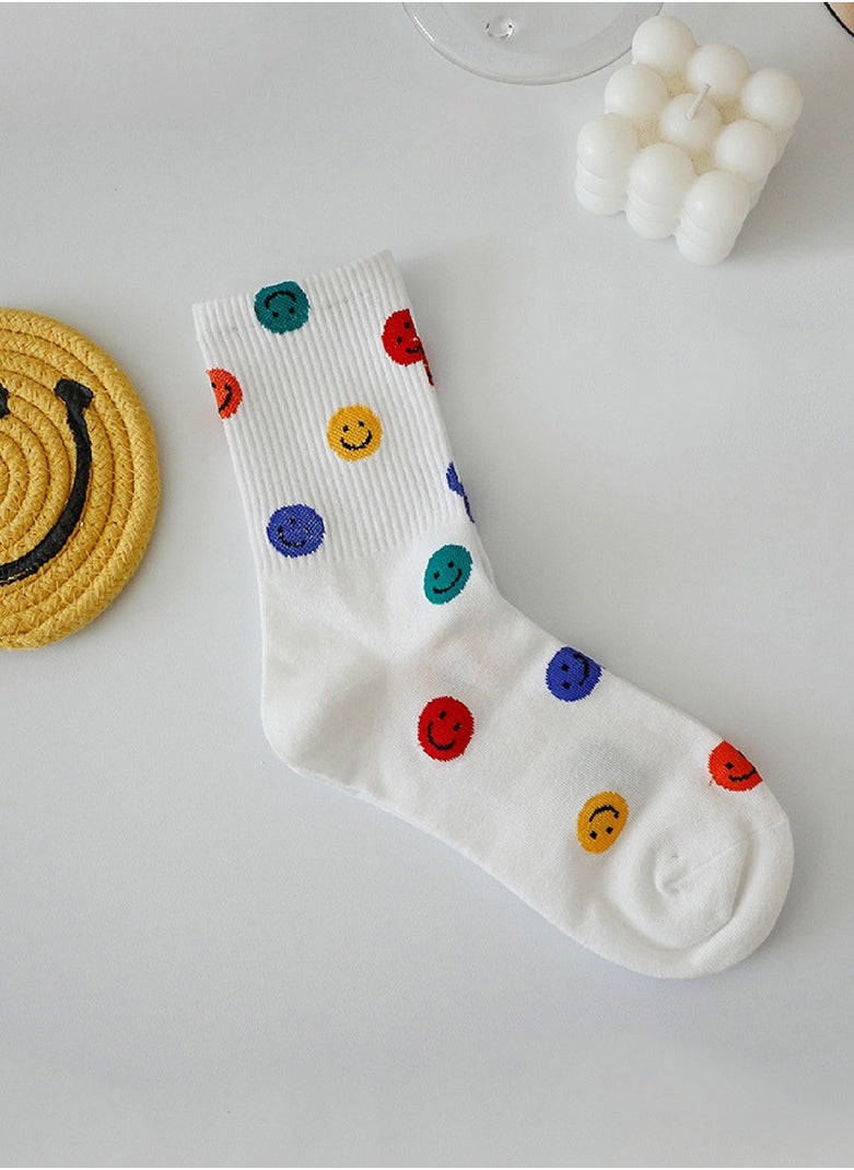 Generic - 1 Pair Crew Socks Cute Smiling Face Socks  Casual Soft Cotton Socks Cartoon Smiley Face Ankle Socks White - Image 1