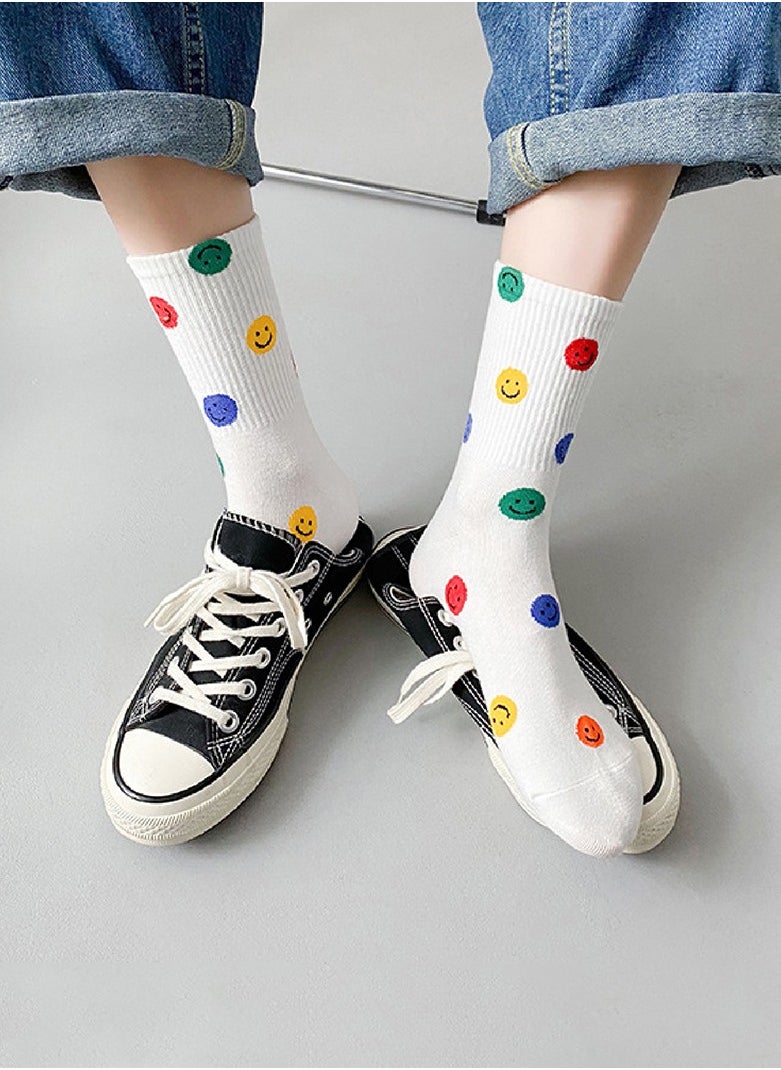 Generic - 1 Pair Crew Socks Cute Smiling Face Socks  Casual Soft Cotton Socks Cartoon Smiley Face Ankle Socks White - Image 1