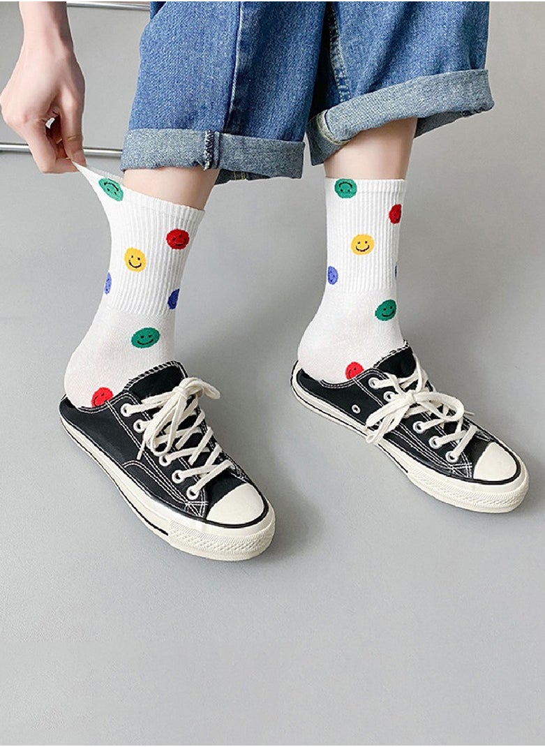 Generic - 1 Pair Crew Socks Cute Smiling Face Socks  Casual Soft Cotton Socks Cartoon Smiley Face Ankle Socks White - Image 1