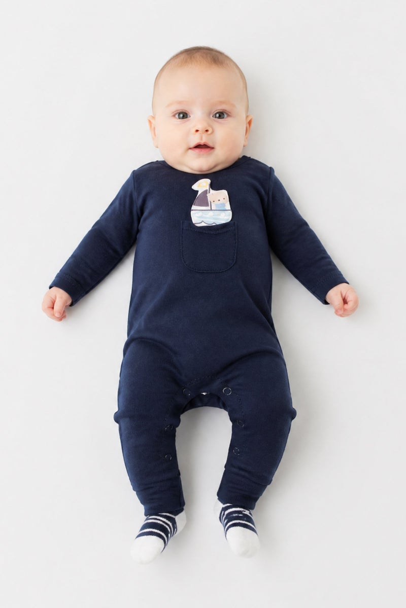 Rock-A-Bye Baby Boutique Toddlers Boy Graphic Print Long Sleeve Romper, Navy - Image 1