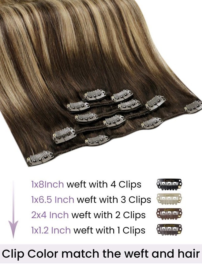 LaaVoo Clip in Hair Extensions Brown Balayage Human Hair Clip in Extensions Brown Ombre Caramel Blonde Hair Extension Clip ins Silky Straight 18 Inch 5pcs 80g - Image 2