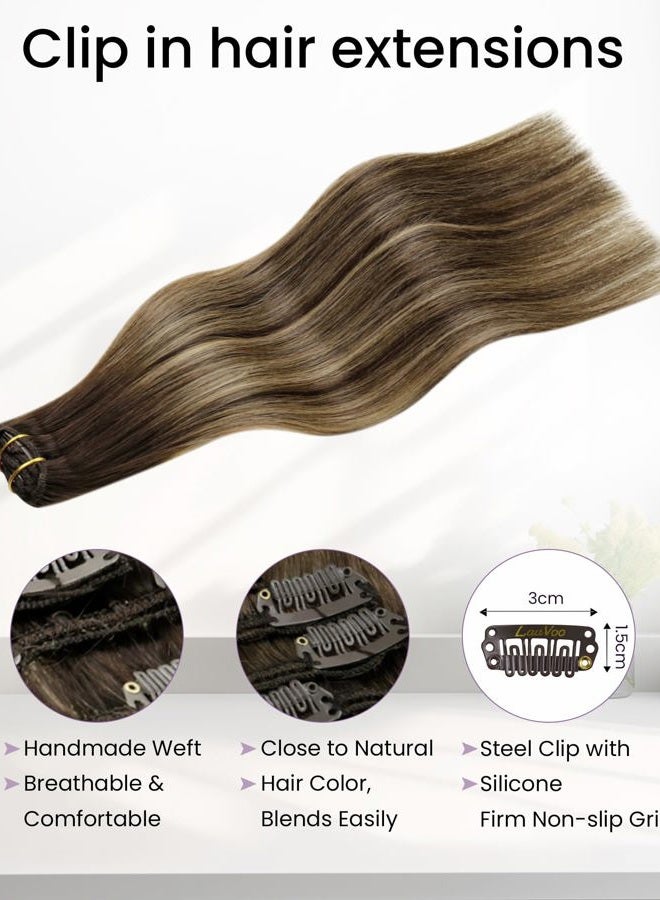 LaaVoo Clip in Hair Extensions Brown Balayage Human Hair Clip in Extensions Brown Ombre Caramel Blonde Hair Extension Clip ins Silky Straight 18 Inch 5pcs 80g - Image 3