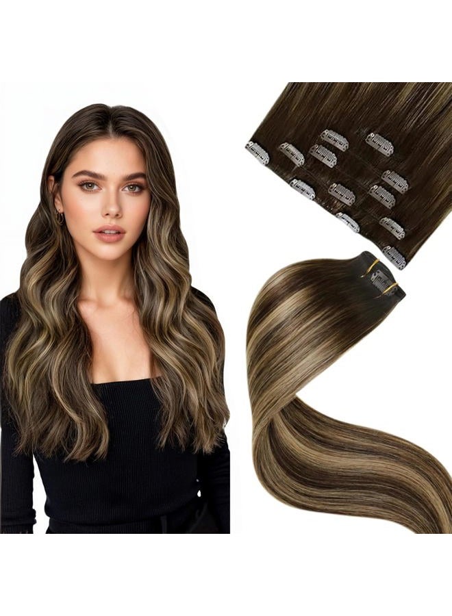 LaaVoo Clip in Hair Extensions Brown Balayage Human Hair Clip in Extensions Brown Ombre Caramel Blonde Hair Extension Clip ins Silky Straight 18 Inch 5pcs 80g - Image 1