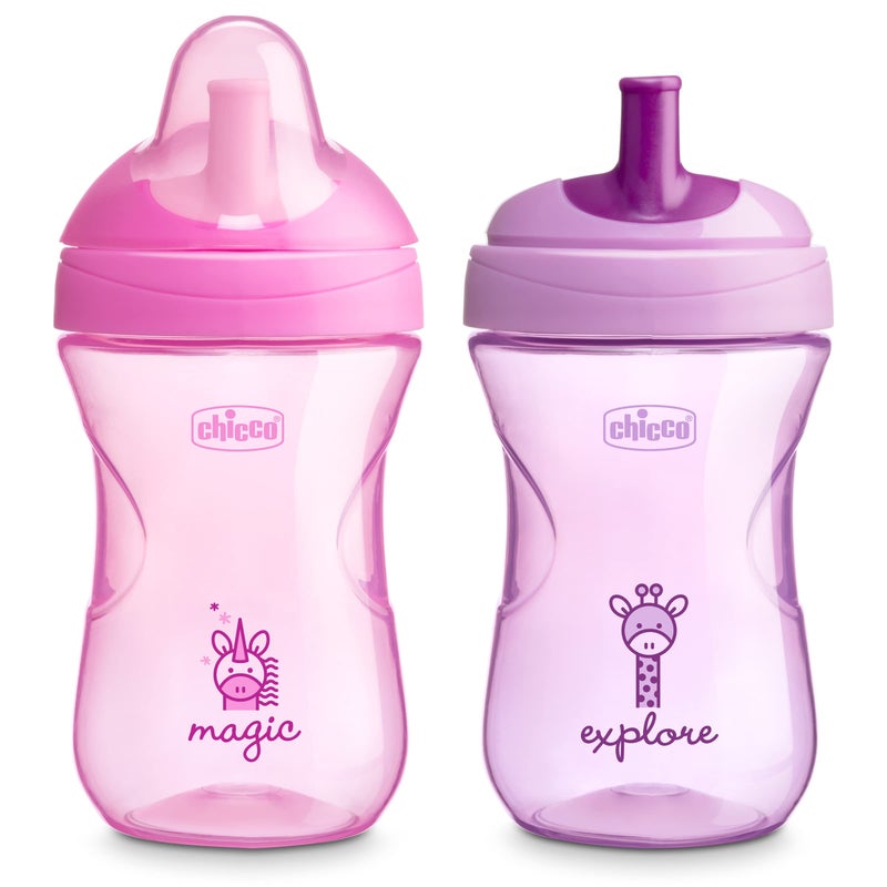 Chicco Sport Spout Trainer with Semi-Firm, Bite-Resistant Spout and Spill-Free Lid 9oz.| Top-Rack Dishwasher Safe | Easy to Hold with Ergonomic Indents | Pale Pink/Lavender, 2pk | 9+ months - Image 1