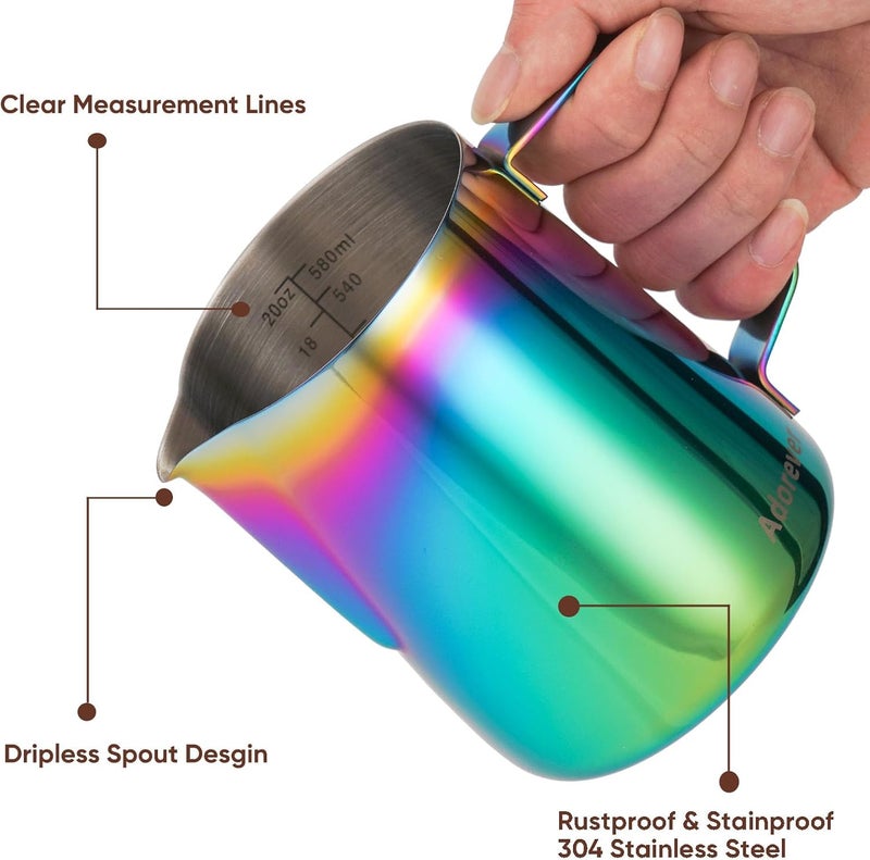 Adorever Milk Frothing Pitcher Colorful 600ml (20oz) Steaming Pitchers Stainless Steel Milk Coffee Cappuccino Latte Art Barista Steam Pitchers Milk Jug Cup with Decorating Art Pen Stable base - Image 2