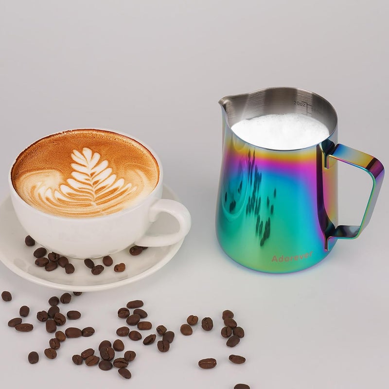 Adorever Milk Frothing Pitcher Colorful 600ml (20oz) Steaming Pitchers Stainless Steel Milk Coffee Cappuccino Latte Art Barista Steam Pitchers Milk Jug Cup with Decorating Art Pen Stable base - Image 3