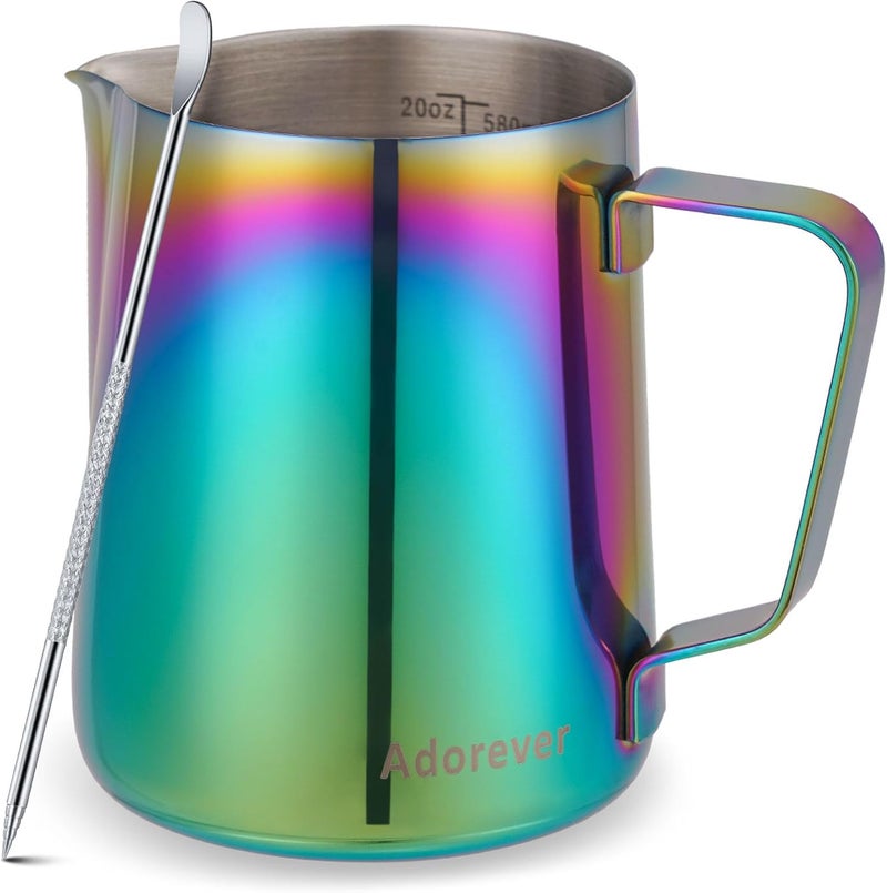 Adorever Milk Frothing Pitcher Colorful 600ml (20oz) Steaming Pitchers Stainless Steel Milk Coffee Cappuccino Latte Art Barista Steam Pitchers Milk Jug Cup with Decorating Art Pen Stable base - Image 1