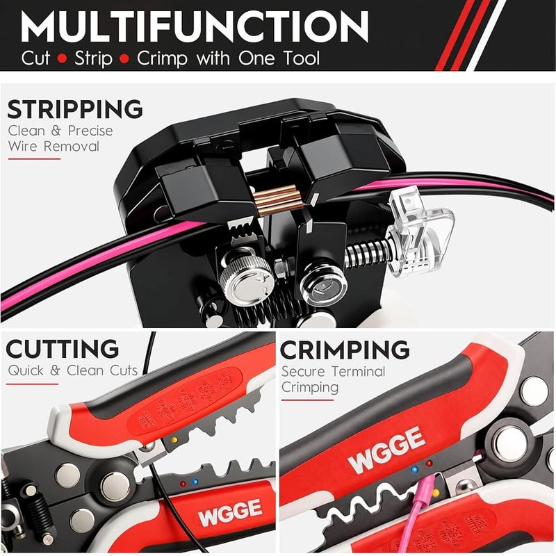 WGGE WG-014 Self-Adjusting Insulation Wire Stripper. For stripping wire from AWG 10-24, Automatic Wire Stripping Tool/Cutting Pliers Tool, Automatic Strippers with Cutters & Crimper 8" - Image 2