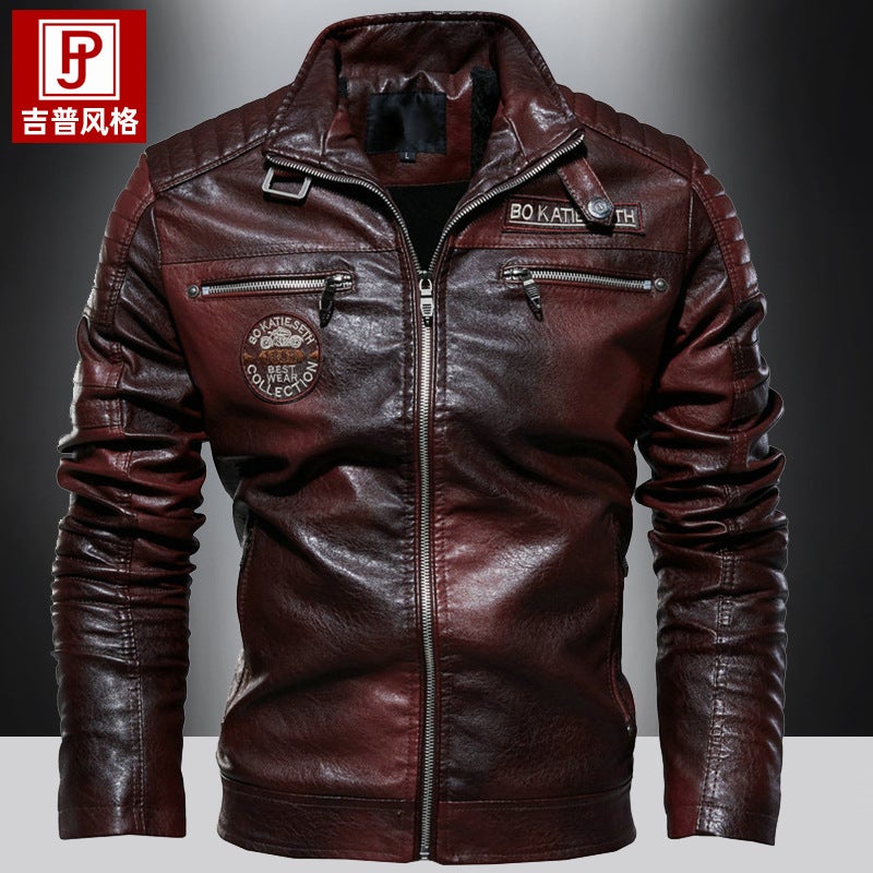 2023 autumn and winter new mens pu coat European and American motorcycle clothing tough guy plus velvet leather handsome casual leather jacket Wine Red  - Image 1