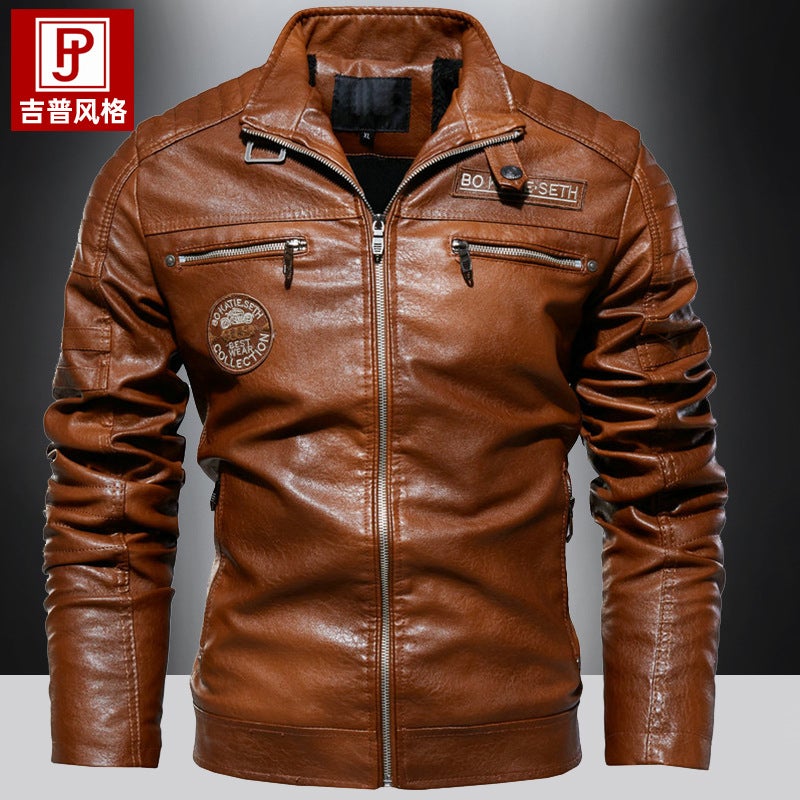 2023 autumn and winter new mens pu coat European and American motorcycle clothing tough guy plus velvet leather handsome casual leather jacket Wine Red  - Image 5
