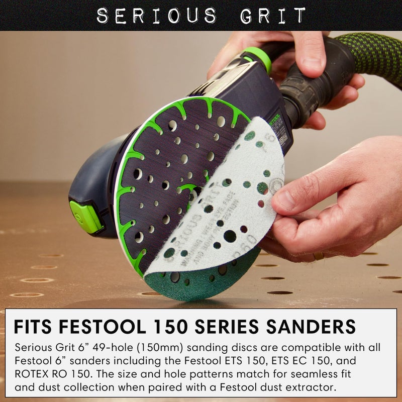 Serious Grit جرس جاد - أقراص صنفرة 80 حبيبة بحجم 6 بوصات و49 ثقب - أقراص فيلم ثقيلة الوزن بنظام الخطاف والحلقة - ورق صنفرة لآلات الصنفرة العشوائية - علبة تحتوي على 50 قطعة - Image 2