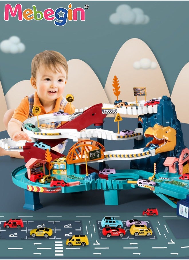 MEBEGIN - Dinosaur-themed Race Tracks Play Vehicles Toys Set with 4 Mini Cars, Fun Creative Car Ramp Track Toys, Flexible Dinos Train Tracks, STEM Educational Playset, Ideal Gift for Kids, 57*36*29cm - Image 1