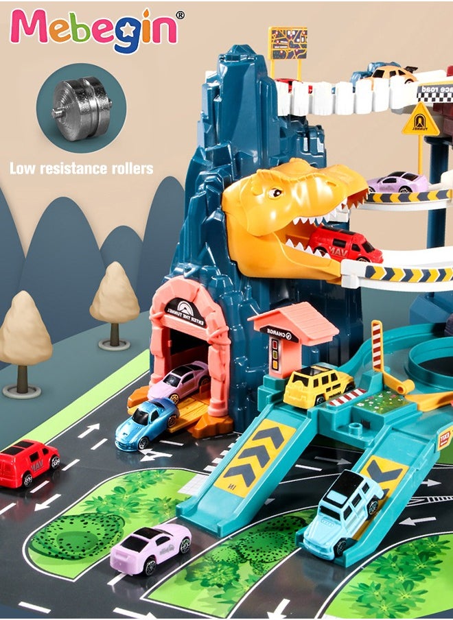 MEBEGIN - Dinosaur-themed Race Tracks Play Vehicles Toys Set with 4 Mini Cars, Fun Creative Car Ramp Track Toys, Flexible Dinos Train Tracks, STEM Educational Playset, Ideal Gift for Kids, 57*36*29cm - Image 1