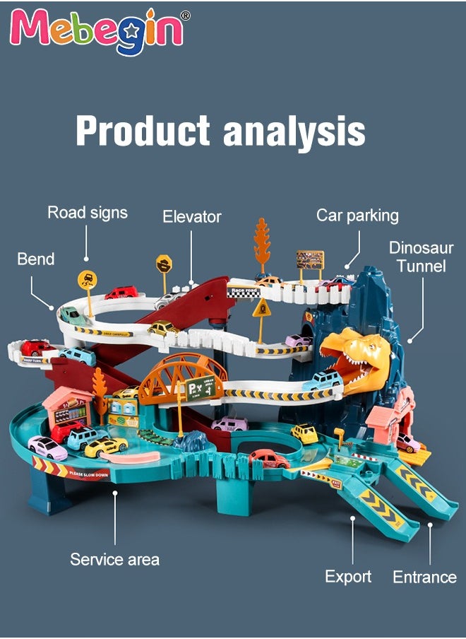 MEBEGIN - Dinosaur-themed Race Tracks Play Vehicles Toys Set with 4 Mini Cars, Fun Creative Car Ramp Track Toys, Flexible Dinos Train Tracks, STEM Educational Playset, Ideal Gift for Kids, 57*36*29cm - Image 1