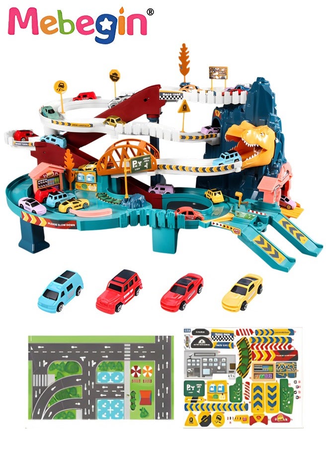 MEBEGIN - Dinosaur-themed Race Tracks Play Vehicles Toys Set with 4 Mini Cars, Fun Creative Car Ramp Track Toys, Flexible Dinos Train Tracks, STEM Educational Playset, Ideal Gift for Kids, 57*36*29cm - Image 1
