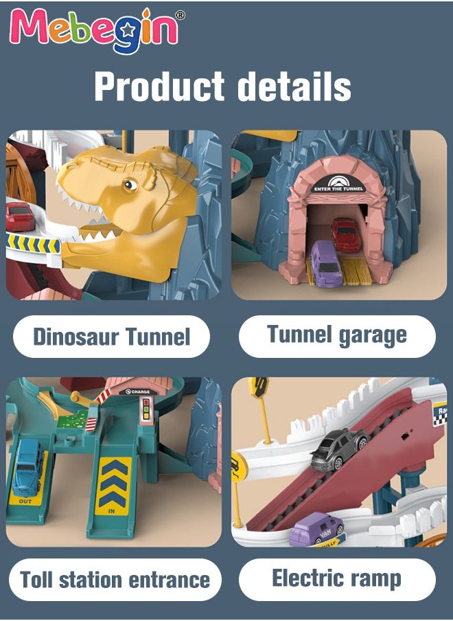 MEBEGIN - Dinosaur-themed Race Tracks Play Vehicles Toys Set with 4 Mini Cars, Fun Creative Car Ramp Track Toys, Flexible Dinos Train Tracks, STEM Educational Playset, Ideal Gift for Kids, 57*36*29cm - Image 1
