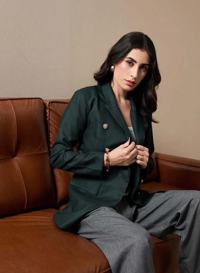 SASSAFRAS Regular Fit Check Pattern Double Breasted Blazer by Styli