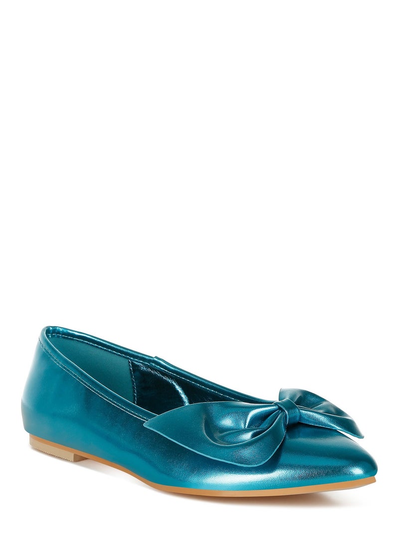 London Rag Metallic Pleather Bow Ballerinas in Blue - Image 3