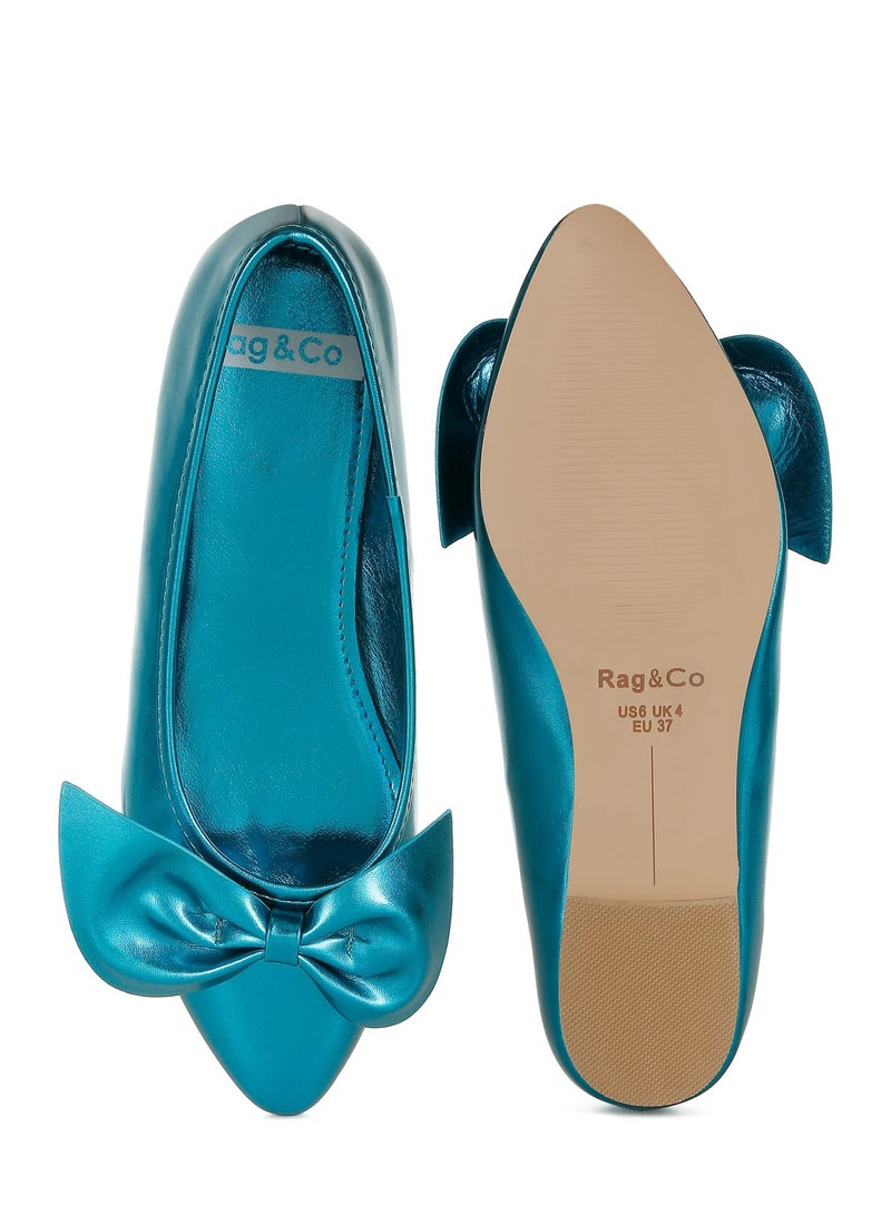 London Rag Metallic Pleather Bow Ballerinas in Blue - Image 5