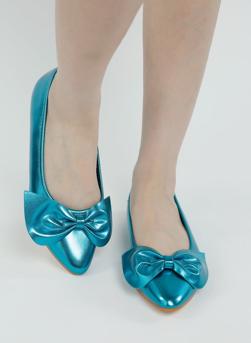 London Rag Metallic Pleather Bow Ballerinas in Blue - Image 2