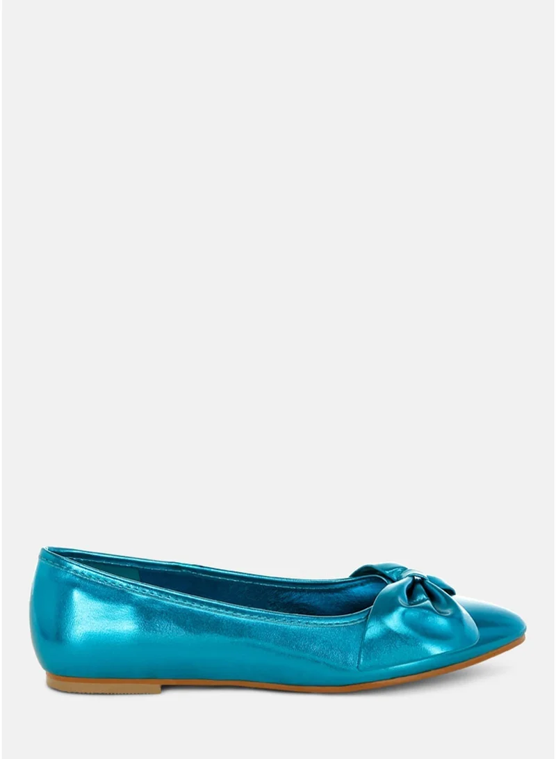 Metallic Pleather Bow Ballerinas in Blue