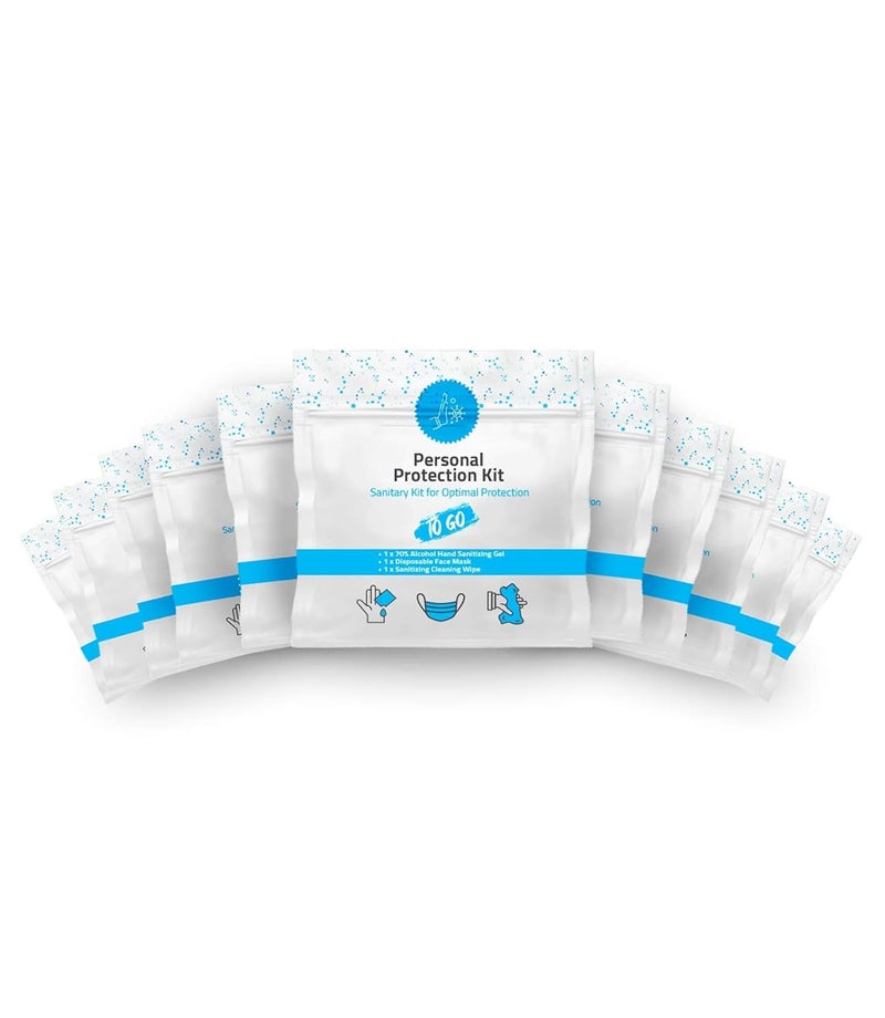 pH Advantage Mini Personal Protection Kit ToGo 10 PACK Mask Hand Sanitizing Gel Sanitizing Cleansing Wipe Packets PPE On the Go Single use Disposable Pocketsized Ideal for travel - Image 1