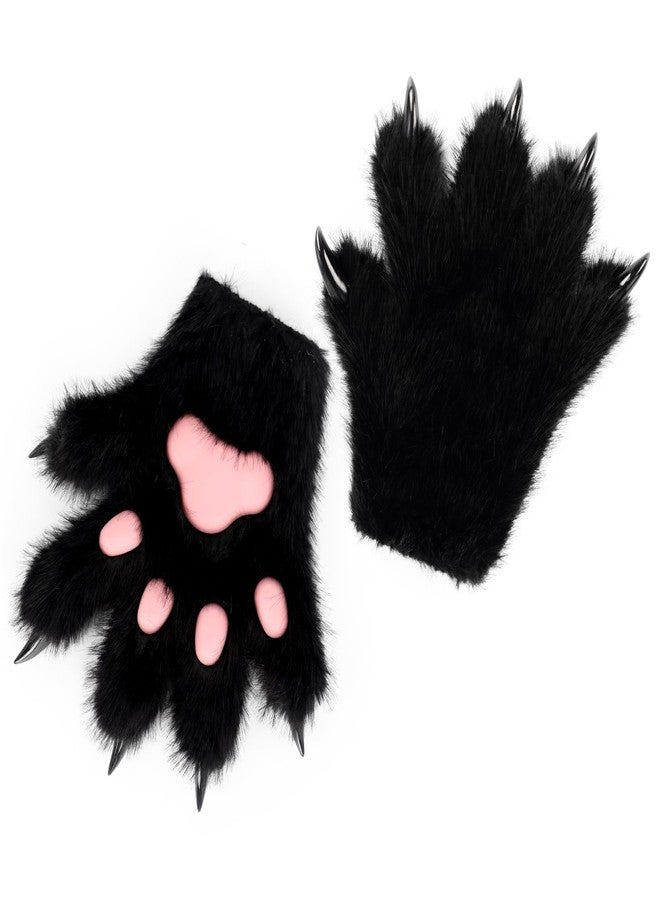 HAOAN Furry Fur Cat Wolf Fox Dog Fluffy Animal Paws Claws Gloves Mittens Hands Costume Cosplay Halloween Christmas for Kids, Black, M - Image 1