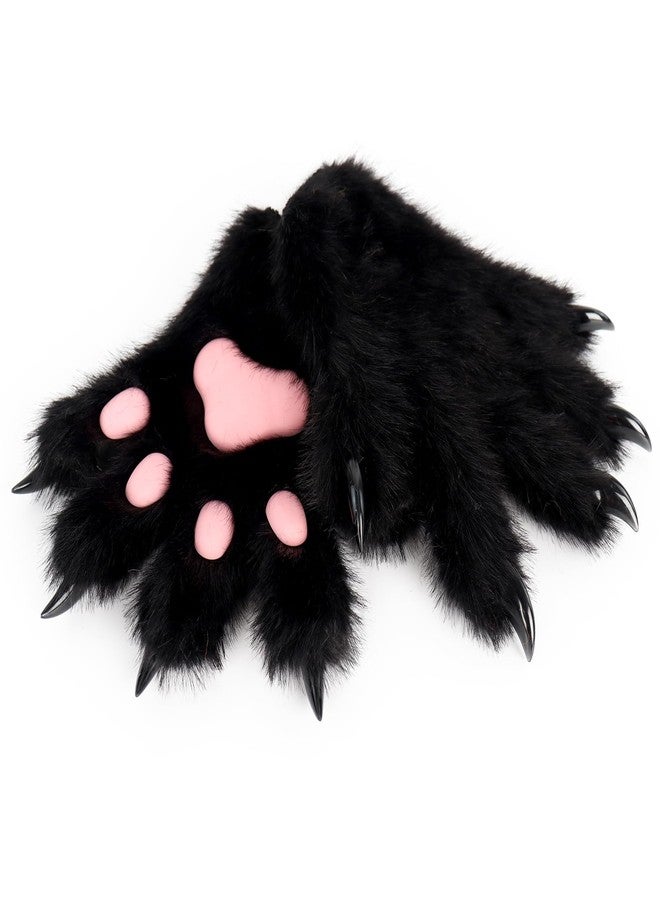 HAOAN Furry Fur Cat Wolf Fox Dog Fluffy Animal Paws Claws Gloves Mittens Hands Costume Cosplay Halloween Christmas for Kids, Black, M - Image 2