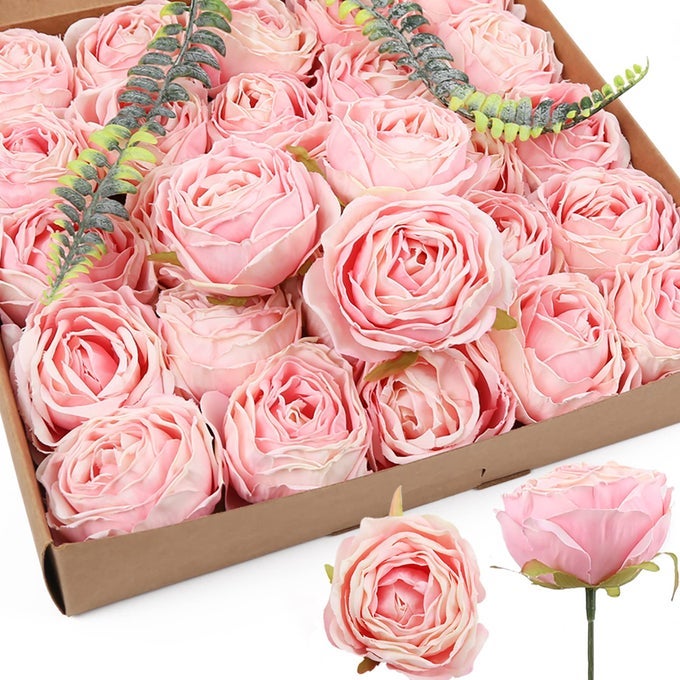 Pink Artificial Flowers Rose Heads 25PCS Dried Pink Flowers Artificial Roses with Stems Fake Flowers for Bridal Shower Decorations Silk Flower Heads Bulk Arrangements Pink