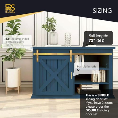 Rio Salto Mini Barn Door Hardware Kit 6FT Gold Double Cabinet Sliding Barn72 Track Set Small Hardware Set TV Stands Wardrobe Track Kit NO Cabinet Gold 6FT Track Kit Single Door - Image 3