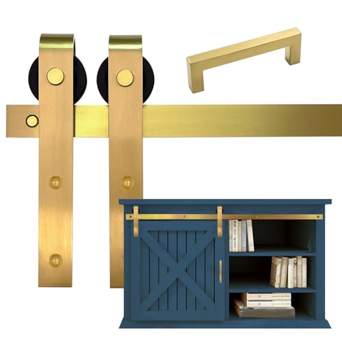 Rio Salto Mini Barn Door Hardware Kit 6FT Gold Double Cabinet Sliding Barn72 Track Set Small Hardware Set TV Stands Wardrobe Track Kit NO Cabinet Gold 6FT Track Kit Single Door - Image 1