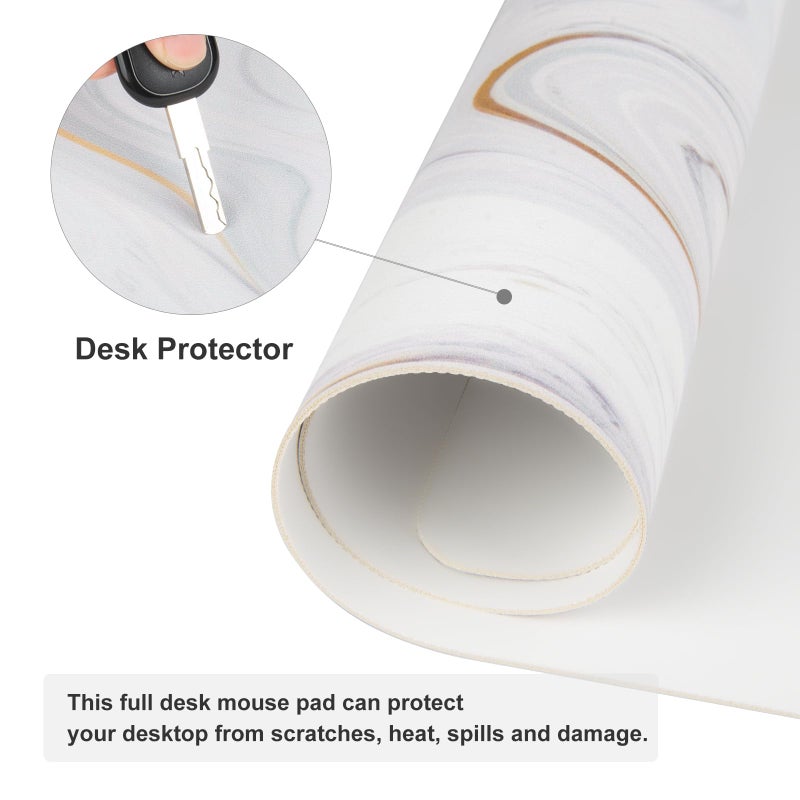 QIYI White Mouse Pad, Cute Marble Large Desk Mat, PU Leather Desk Protector Mousepad, Gold Grey Striped Waterproof Computer Keyboard Gaming Mouse Pads, Non Slip Extended Writing Pad 31.5" x 15.7" - Image 3