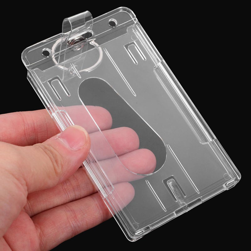Vertical Dual Sided Hard Plastic ID Card Badge Holder with Thumb Slot Key Ring Reusable Card Protector Sleeves Set of 6 - Image 5