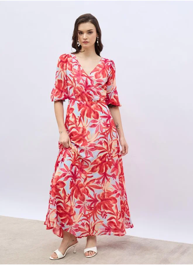 ستايلي Styli Women All-Over Floral Print V Neck A-Line Maxi Dress